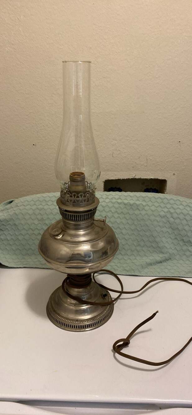 Vintage Rayo Electrified Nickel-Plated Oil Lamp with Glass Chimney
